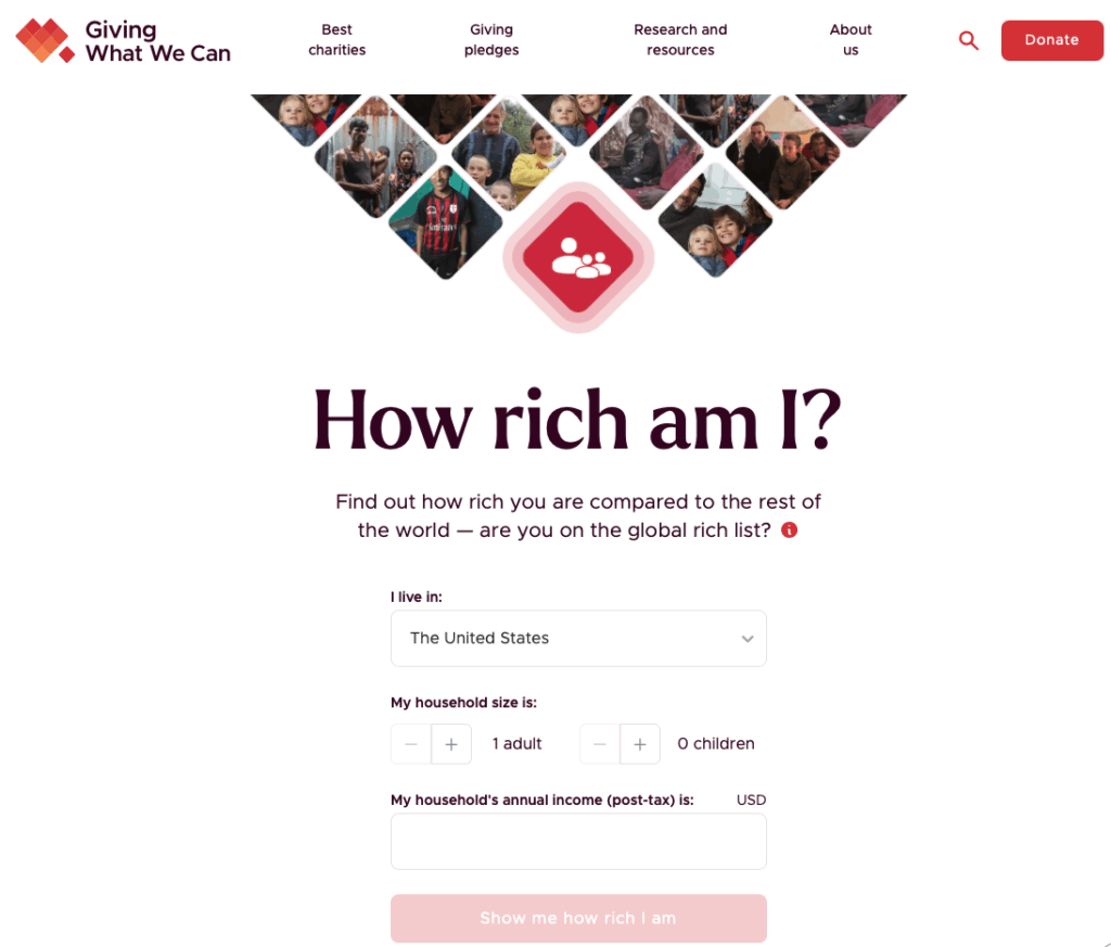 Effektiv spenden: How rich am I? Screenshot des Rechners von GWWC.